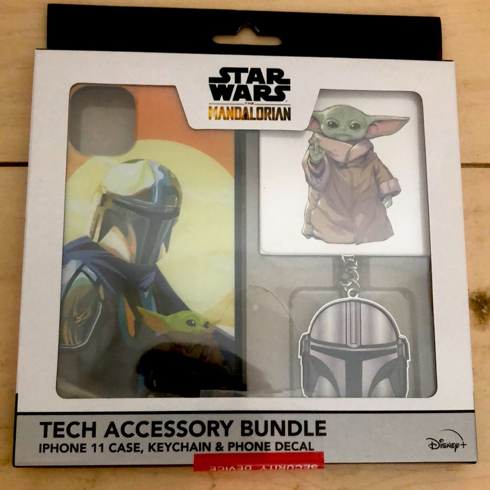 Star Wars The Mandalorian iPhone 11 case, keychain, & phone decal tech bundle